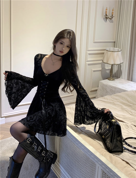 Vintage Tulle Flare Sleeve Charming Skirt Sweetheart Neck LBD Velvet Texture Short Dress AP0562