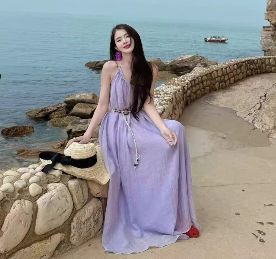 Vibrant Vacation Outfit Beach Maxi Dress Backless Gentle Flowy Halter Long Dress AP0566