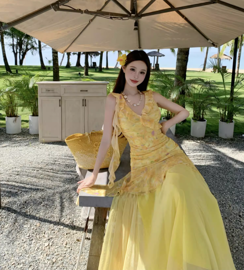 Floral Print Ruffle Two Piece Set Dress Vibrant Tulle Trimmed Asymmetric Hem Long Dress AP0568