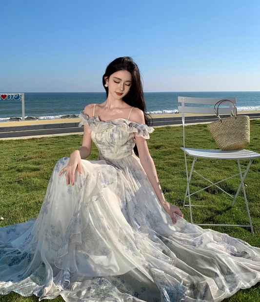 Floral Print Off-Shoulder Ruffle Maxi Dress Ethereal Spaghetti Strap Long Dress AP0569