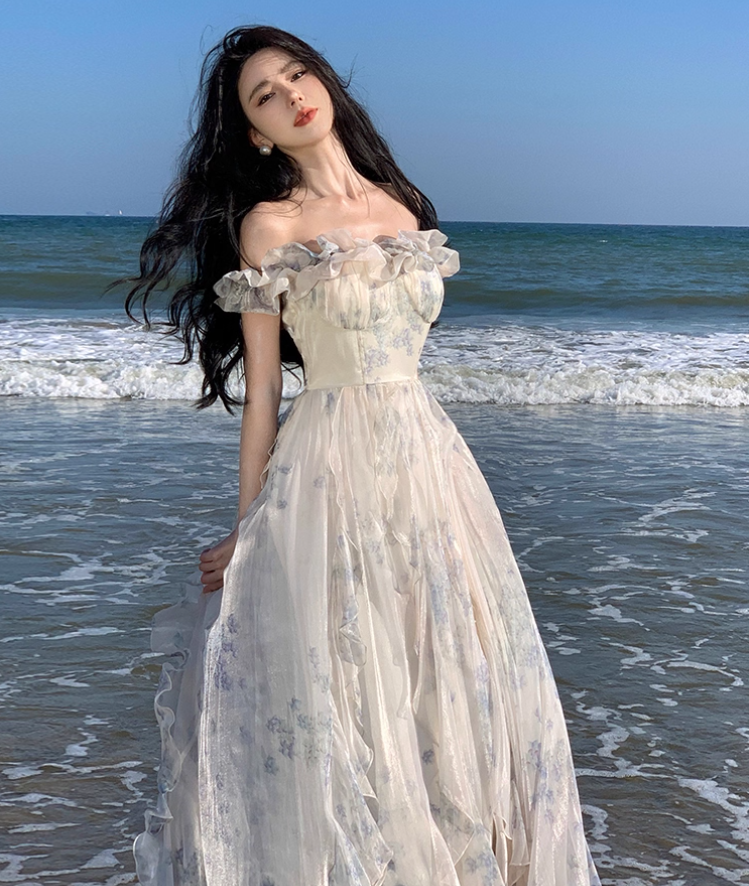 Floral Print Off-Shoulder Ruffle Maxi Dress Ethereal Spaghetti Strap Long Dress AP0569