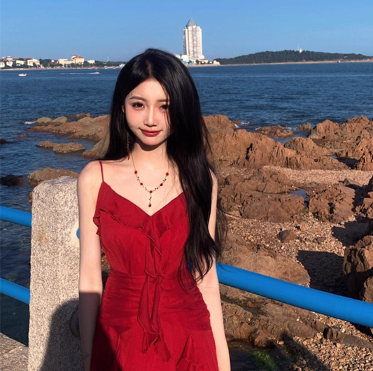 Exquisite Ruffles Flowy Maxi Dress Stretchy Bright Summer Spaghetti Strap Long Dress AP0570