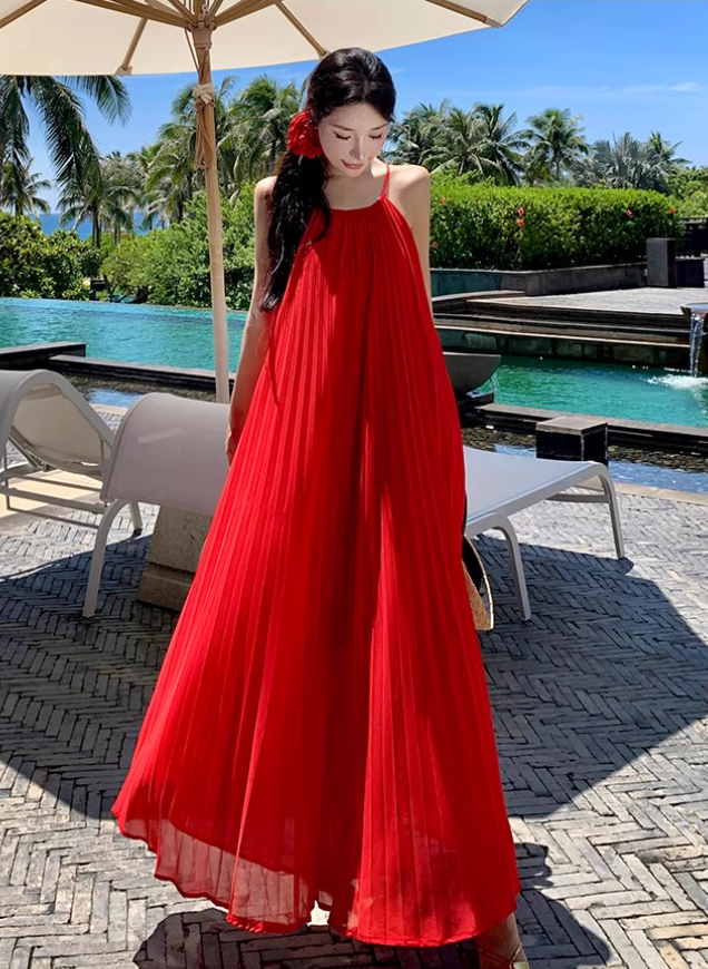 Vibrant Adjustable Waist Straps Maxi Dress Backless Flowy Oversize Halter Long Dress AP0572