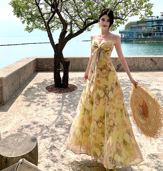 Floral Print Open Waist Beach Sundress Spaghetti Strap Dopamine Outfit Long Dress AP0574