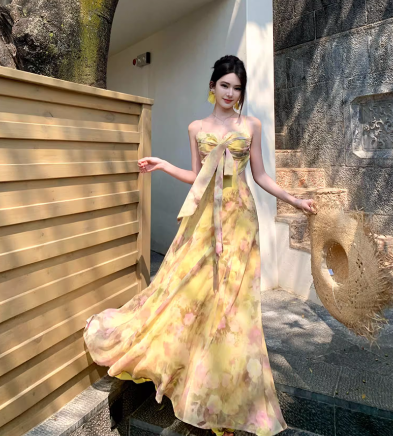 Floral Print Open Waist Beach Sundress Spaghetti Strap Dopamine Outfit Long Dress AP0574