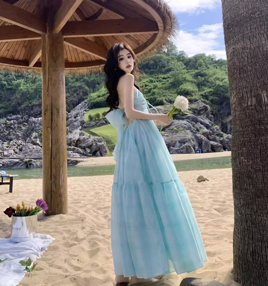 Summer Beach Floral Print Ruffles Hem Maxi Dress Gentle Spaghetti Strap Long Dress AP0578