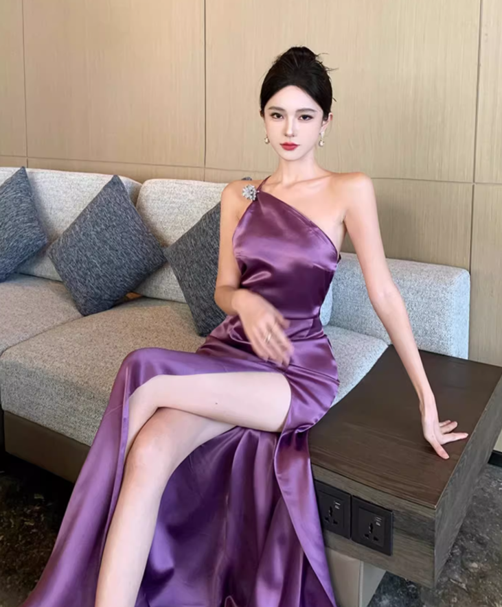 Feast Elegant One Shoulder Strap Maxi Dress High-Slip Sheen Fabric Long Dress AP0579