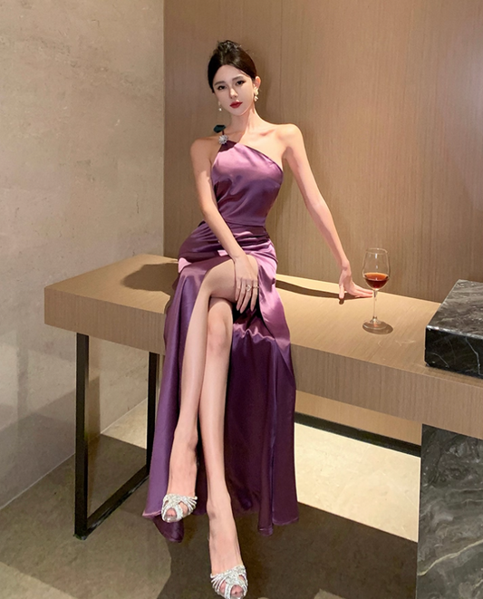 Feast Elegant One Shoulder Strap Maxi Dress High-Slip Sheen Fabric Long Dress AP0579
