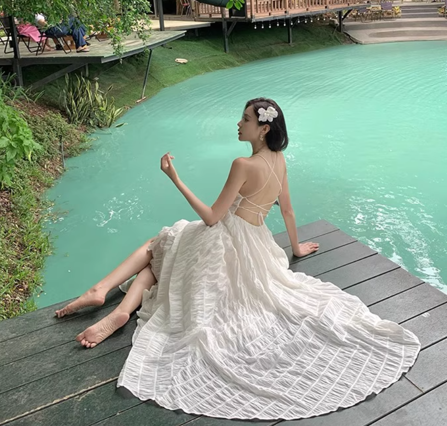 Elegant Waist-Cinching Vacation Outfit Maxi Dress Open-Back Tie-Back Halter Long Dress AP0580