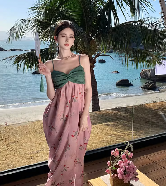 Unique Beach Fruit Print Colorblock Slit Maxi Dress Vibrant Style Spaghetti Strap Long Dress AP0581