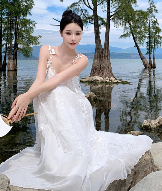 Floral Print Unique Tulle Trimmed Slip Dress Spaghetti Strap Backless Flowy Long Dress AP0584