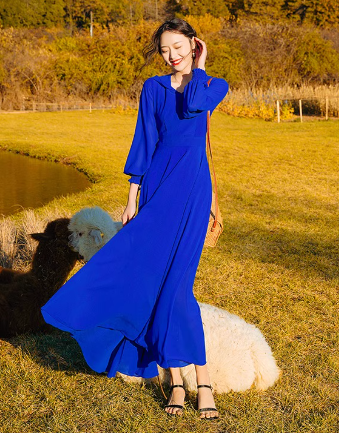 Bohemian Hooded Maxi Dress Strapless Long Sleeve Vacation Travel Long Dress AP0585