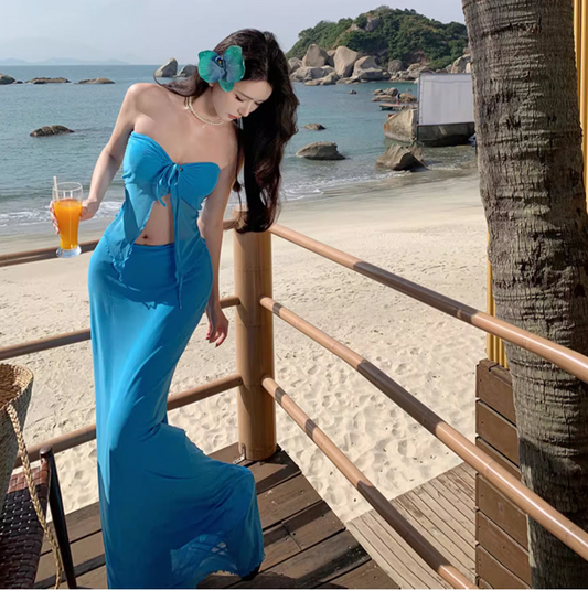 Flowy Strapless Ruffled Hem Two-Piece Sundress Open-Waist Bodycon Halter Long Dress AP0588