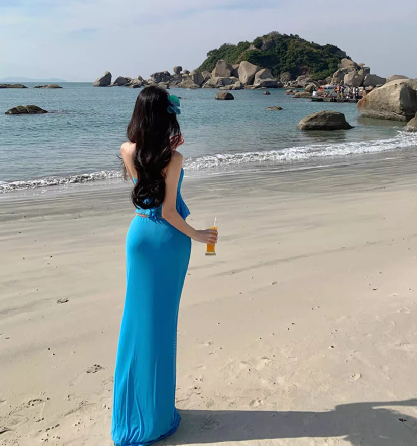 Flowy Strapless Ruffled Hem Two-Piece Sundress Open-Waist Bodycon Halter Long Dress AP0588