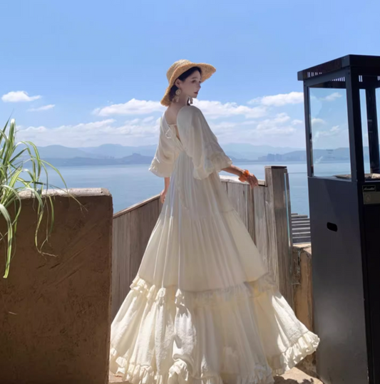 Exquisite V Neck Flowy Ruffles Full Skirt Fairycore Ambience Long Sleeve Ethereal Long Dress AP0589