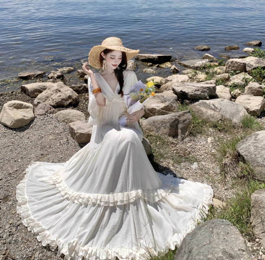 Exquisite V Neck Flowy Ruffles Full Skirt Fairycore Ambience Long Sleeve Ethereal Long Dress AP0589