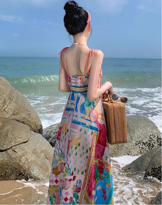 Unique Colorblock Stunning Island Photo Dress Vibrant Spaghetti Strap Long Dress AP0591