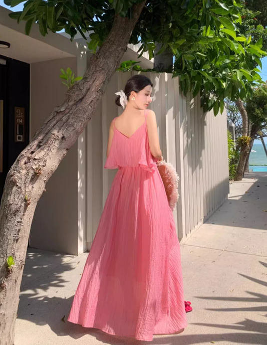 Breathable Fabric Stunning Island Photo Maxi Dress Unique Hem Ruffles Long Dress AP0595