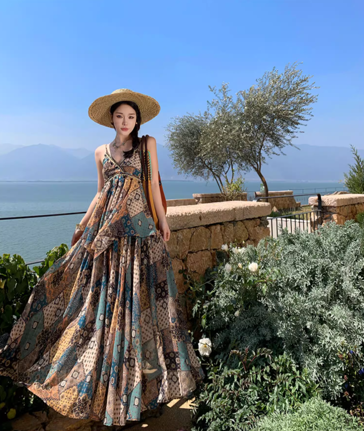 Exotic Breathable Fabric Vintage Maxi Dress Hem Ruffles Island Photo Long Dress AP0599