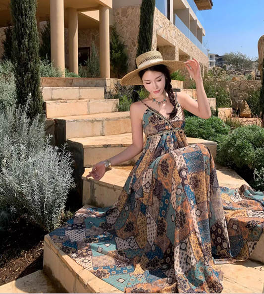 Exotic Breathable Fabric Vintage Maxi Dress Hem Ruffles Island Photo Long Dress AP0599