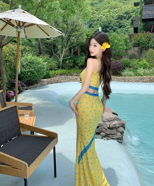 Lace Trimmed Open-Waist Fitting Maxi Dress Spaghetti Strap Vibrant Bodycon Long Dress AP0600