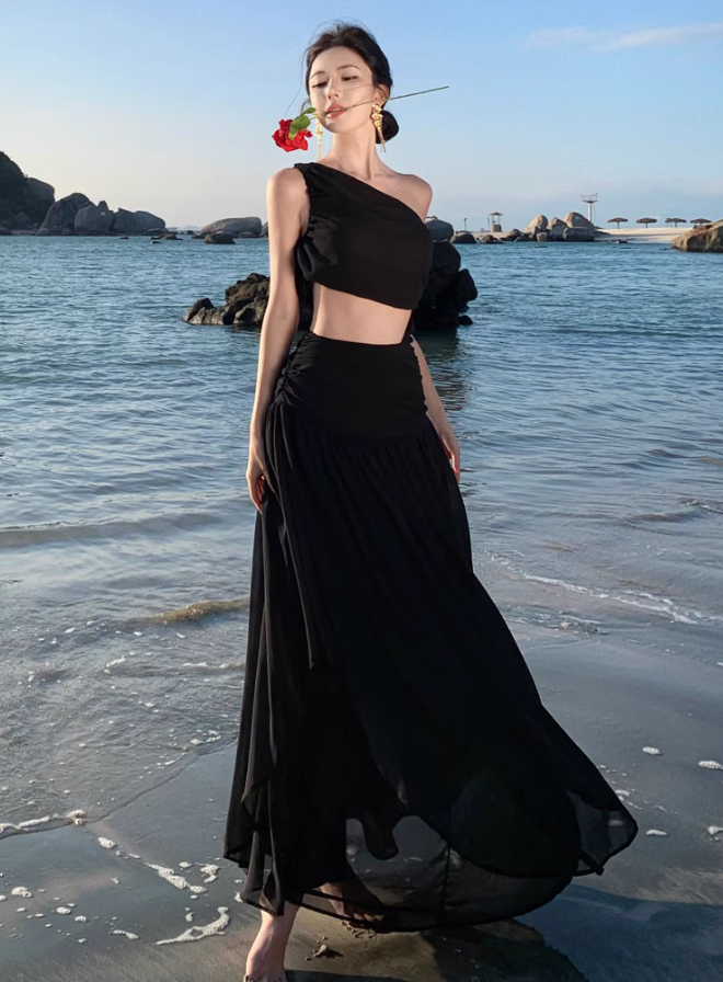 Unique LBD One Shoulder Sleeveless Maxi Dress Open-Waist Asymmetric Neck Long Dress AP0607