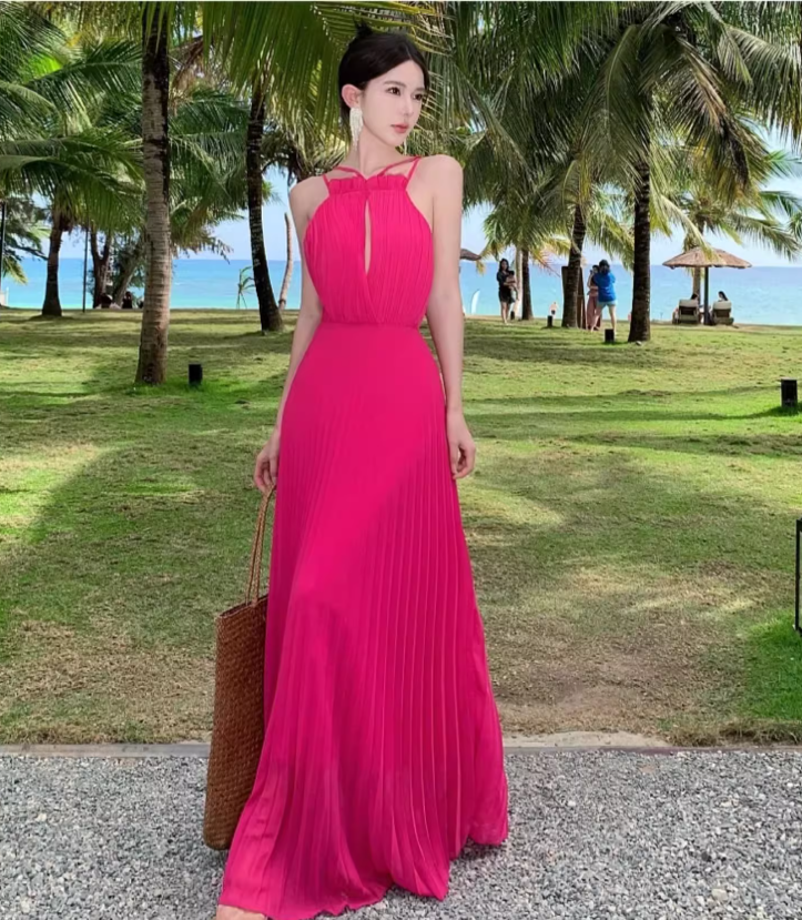 Vibrant Cross Back Tie Dopamine Maxi Dress Waist-Cinching Gingham Halter Long Dress AP0612