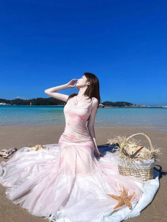 Floral Print Bodycon Summer Tulle Trimmed Mermaid Dress Spaghetti Strap Cute Long Dress AP0617
