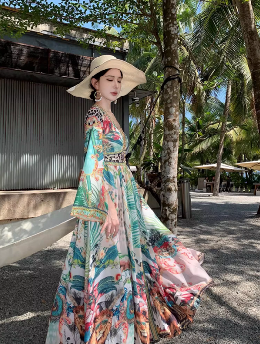 Boho-Chic V Neck Flowy Maxi Dres Exotic Ambience Long Sleeve Ethereal Long Dress AP0621