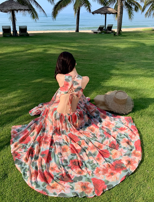 Floral Print Vibrant Travel Maxi Dress Flowy Open-Waist V Neck Long Dress AP0623