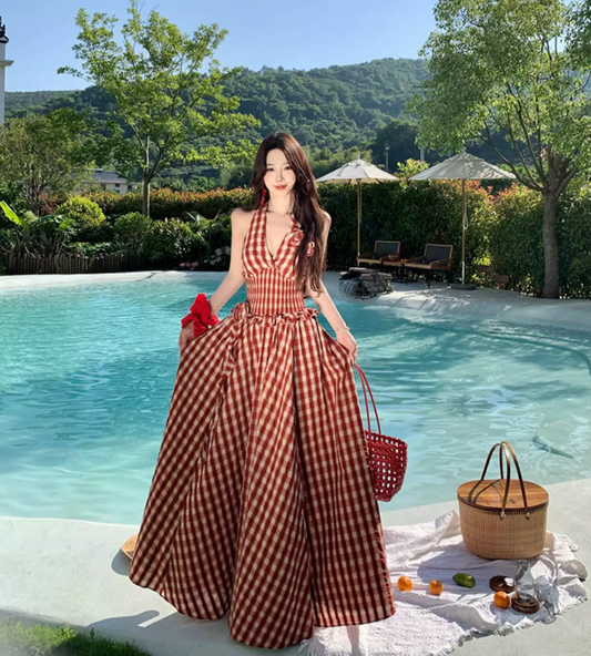 Red Gingham Floral Ornament Vibrant Maxi Dress Flowy Vogue Backless Halter Long Dress AP0624