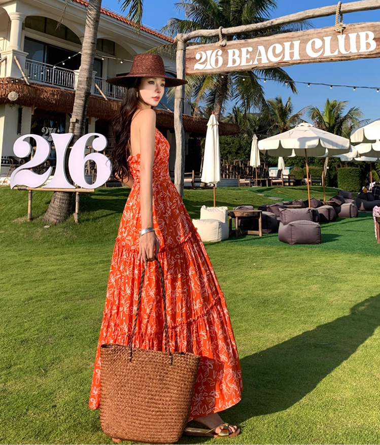 Hollow-Out Floral Print Travel Maxi Dress Flowy Vibrant Gathered V Neck Long Dress AP0625