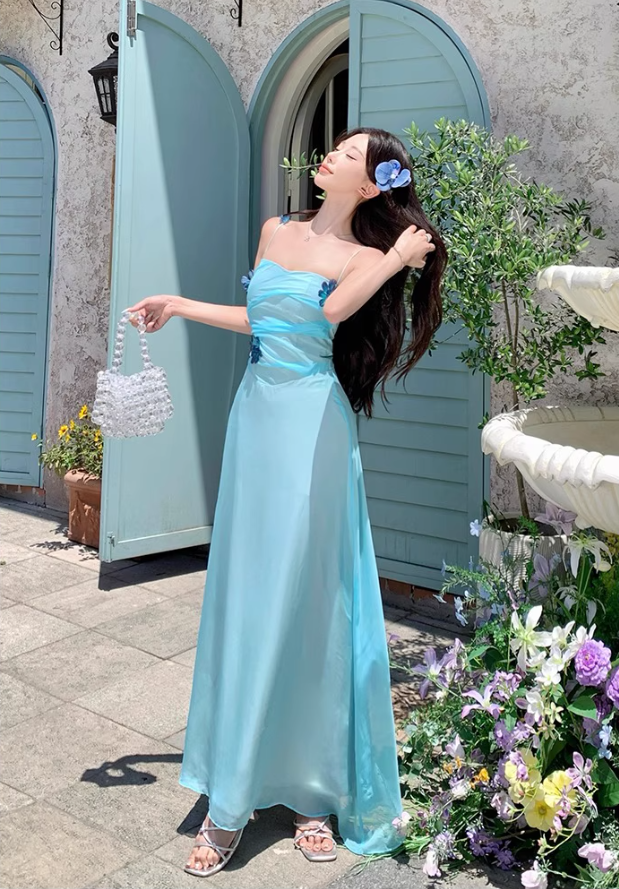 Lustrous Fabric Simple Flattering Maxi Dress Ethereal Spaghetti Strap Long Dress AP0630