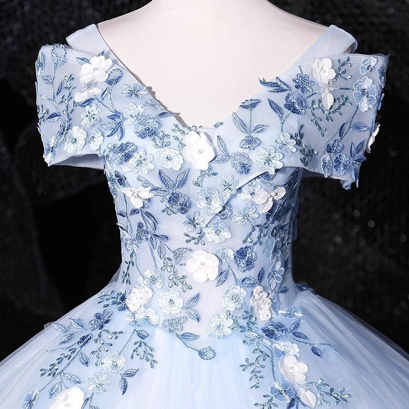 Off-Shoulder Blue Short Sleeve Mesh Hem Sweetheart Neck A-line Prom Long Dress AP0632