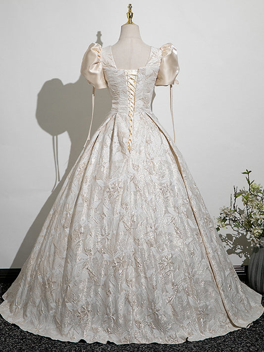New Arrival Puff Short Sleeve Square Neck Evening Gown Elegant A-line Jacquard Long Prom Dress AP0633