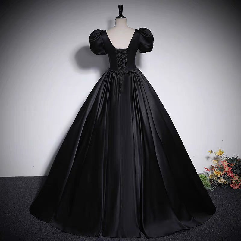Chic Black Puff Sleeve Elegant Square Neck Shimmering A-line Prom Long Dress AP0634