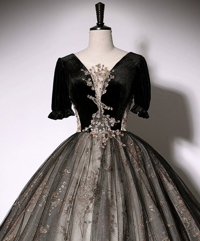 Elegant Mesh Hem Black Puff Sleeve V Neck Double Layers A-line Evening Prom Long Dress AP0637