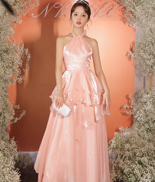 Sweet Pink A-Line Lustrous Ruffled Hem Halter Neck Evening Prom Long Dress AP0640