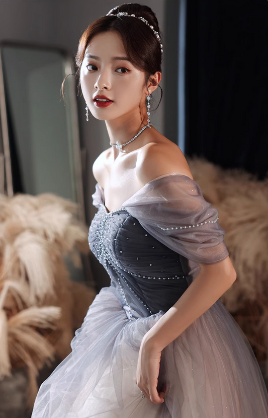 Elegant Tulle Hem Off-Shoulder Glitter Beading Evening Gowns A-line Prom Long Dress AP0644