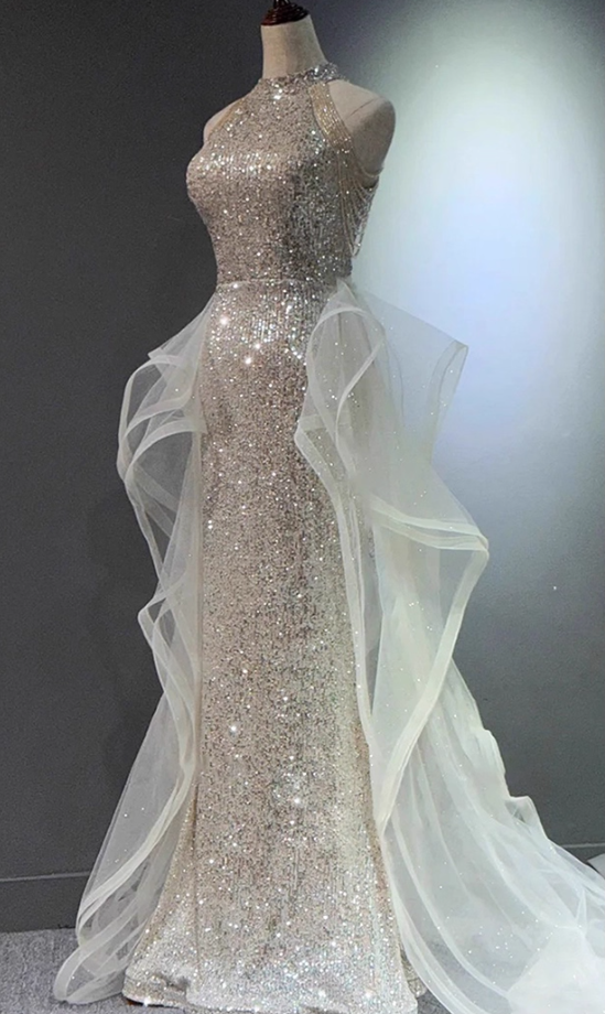 Tulle Splicing Socialite Style Evening Gown Sparkle Sequin Strapless Halter Prom Dress AP0646