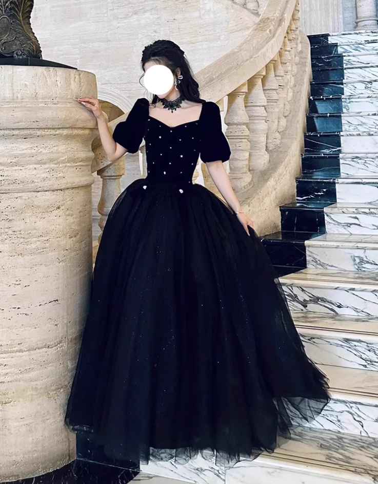 Puff Sleeve Luxury Niche Black Shimmering Rhinestone Chic A-line Prom Long Dress AP0648