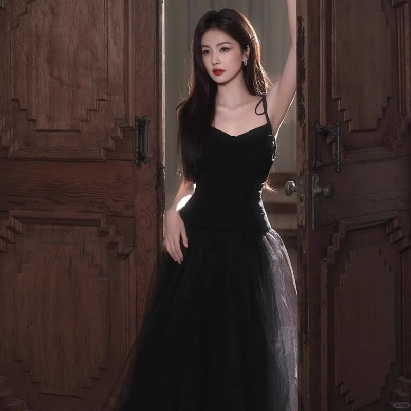 Graceful Spaghetti Strap Cascade Hem Mesh Princess Dress Tulle Splicing A-line Prom Dress AP0650