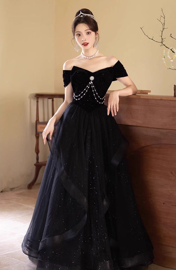 Vogue Off-Shoulder Bow-Knot Beading Evening Glitter Sequins A-line Prom Dress AP0654