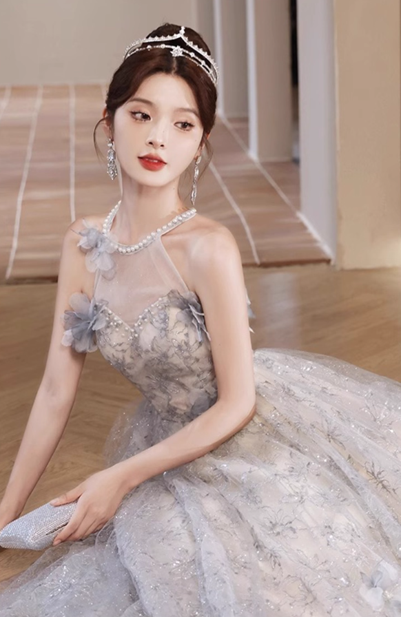 Elegant Jewel Neck Cascade Tulle Splicing Beading Sleeveless Applique Evening Prom Dress AP0656