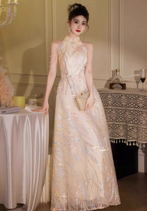 Marvelous Semi-High Collar Beading Off-Shoulder Cascade Tulle Splicing Applique Prom Dress AP0657