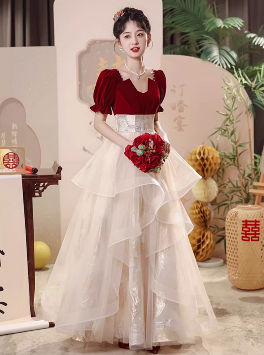 Charming Square-Neck Beading Ruffles Mesh Splicing Hem Puff Sleeve A-line Bridal Toast Gown Prom Dress AP0661