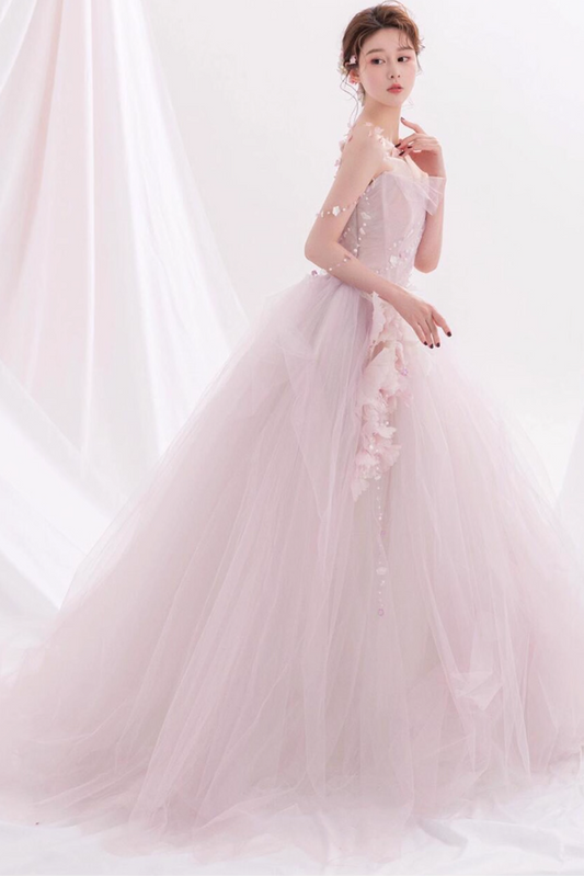 Pink Feast Princess Long Dress Ethereal Applique Beading Cascade Tulle Splicing Strapless A-line Prom Dress AP0664