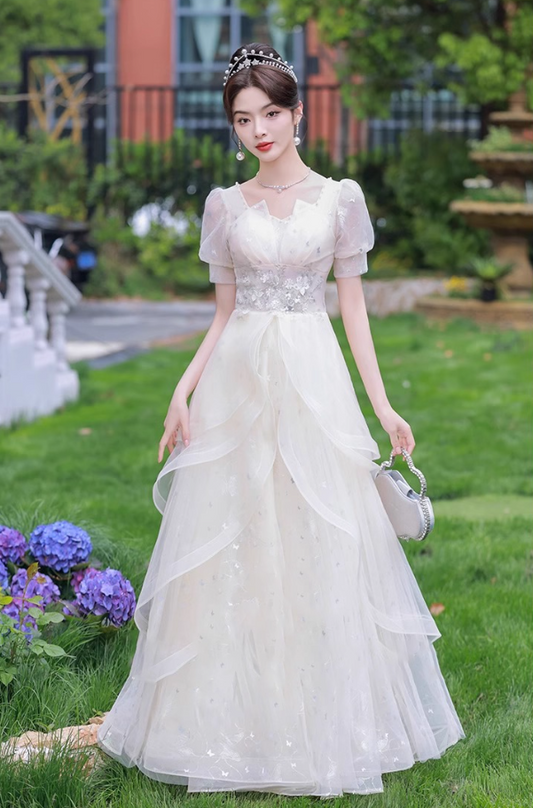 Fabulous Cascade Tulle Hem Puff Sleeve Chic Applique Cinched Waist A-line Prom Long Dress AP0665