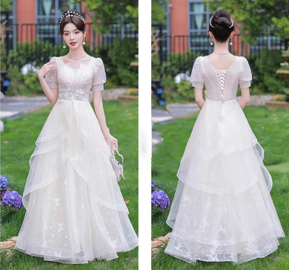 Fabulous Cascade Tulle Hem Puff Sleeve Chic Applique Cinched Waist A-line Prom Long Dress AP0665