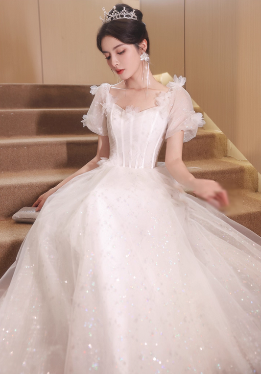 Cascade Sparkle Tulle Hem Puff Sleeve Fabulous Applique Cinched Waist Prom Long Dress AP0666